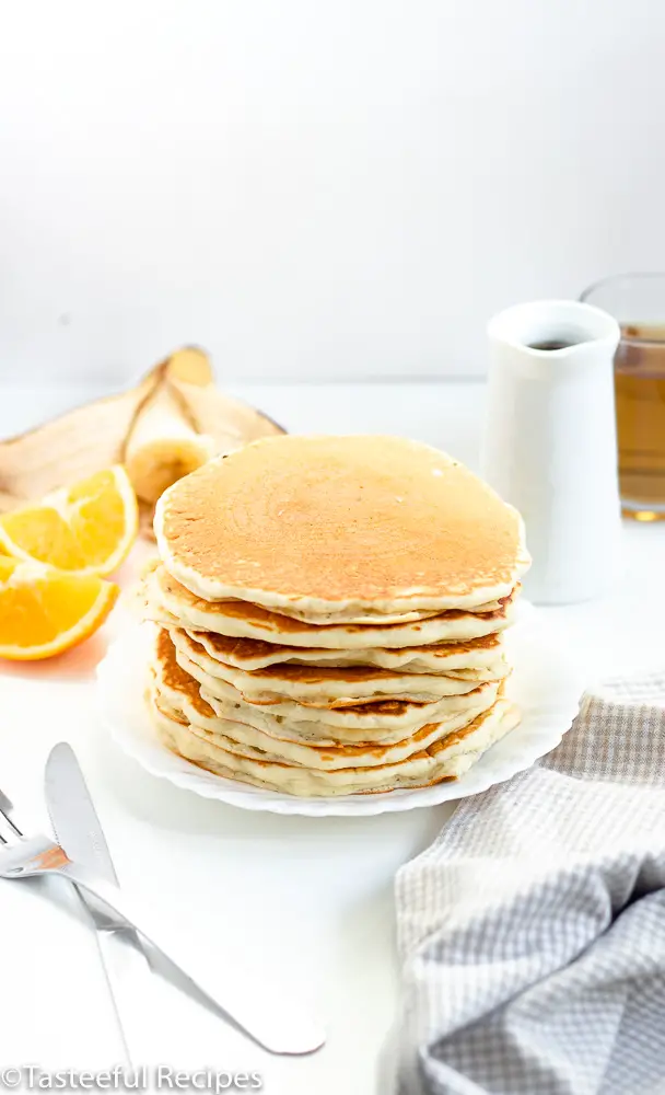 Straight on shot of a stack of pancakes