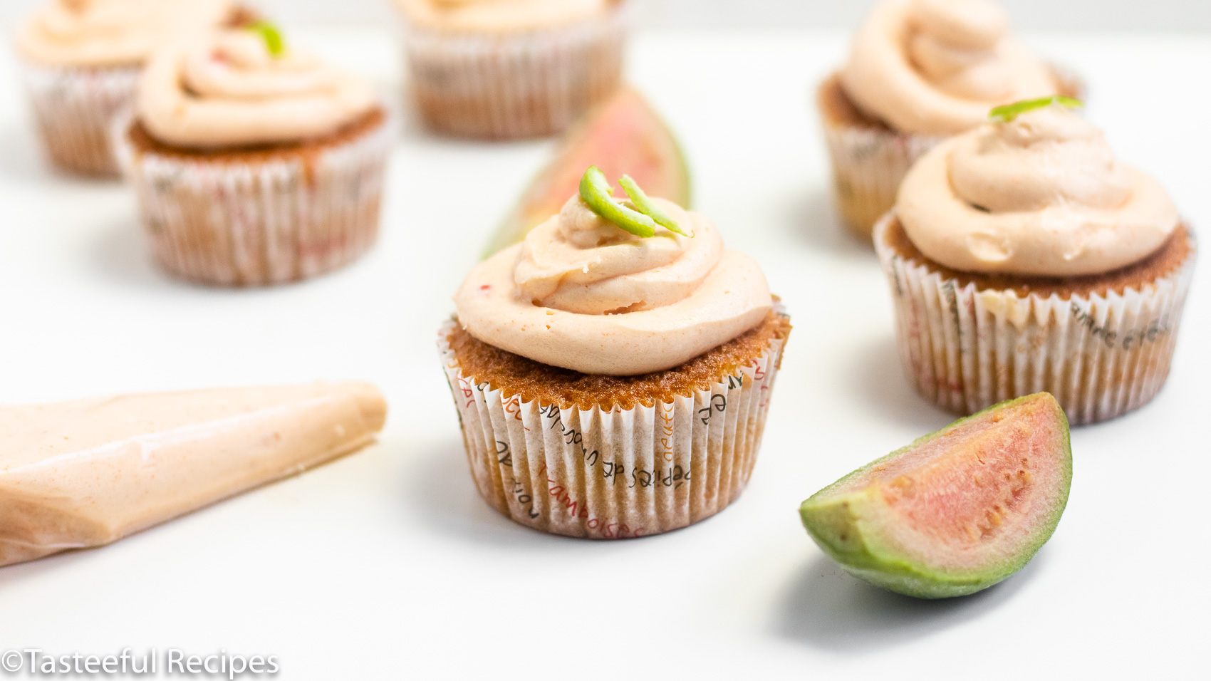 Straight on shot of vanilla guava cupcakes