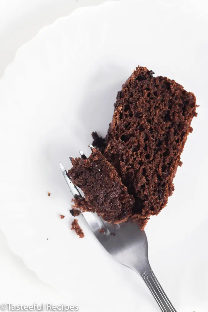 Overhead shot of a slice of vegan chocolate loaf cake