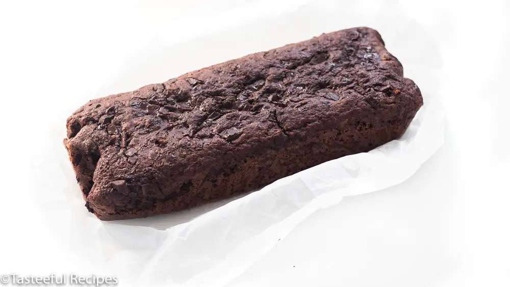 Angled shot of vegan chocolate loaf cake