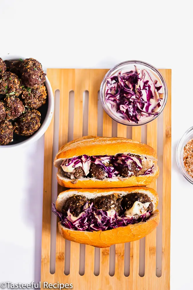 Overhead shot of jerk beef meatball subs