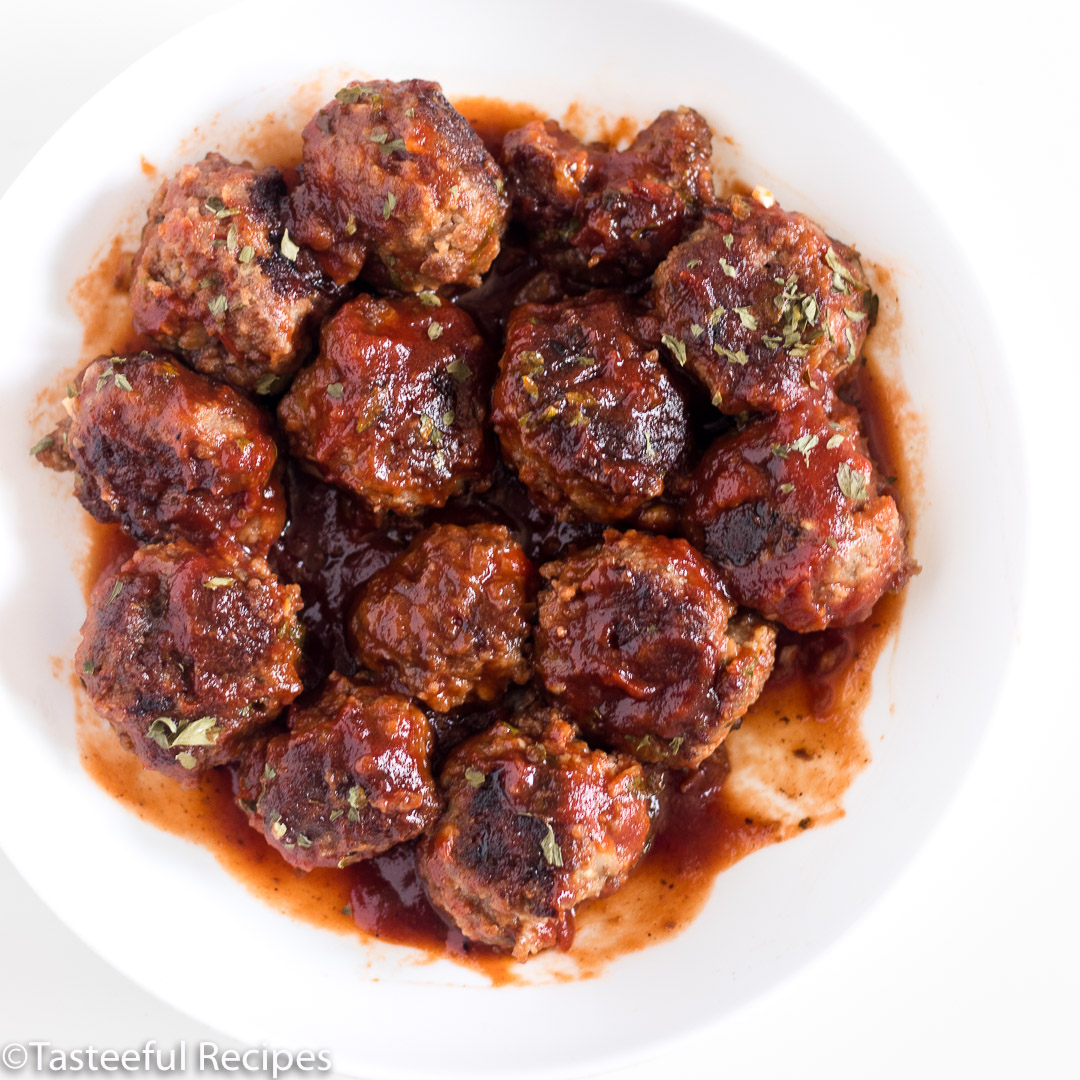 overhead shot of caribbean bbq meatballs