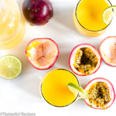 overhead shot of passion fruit and its juice